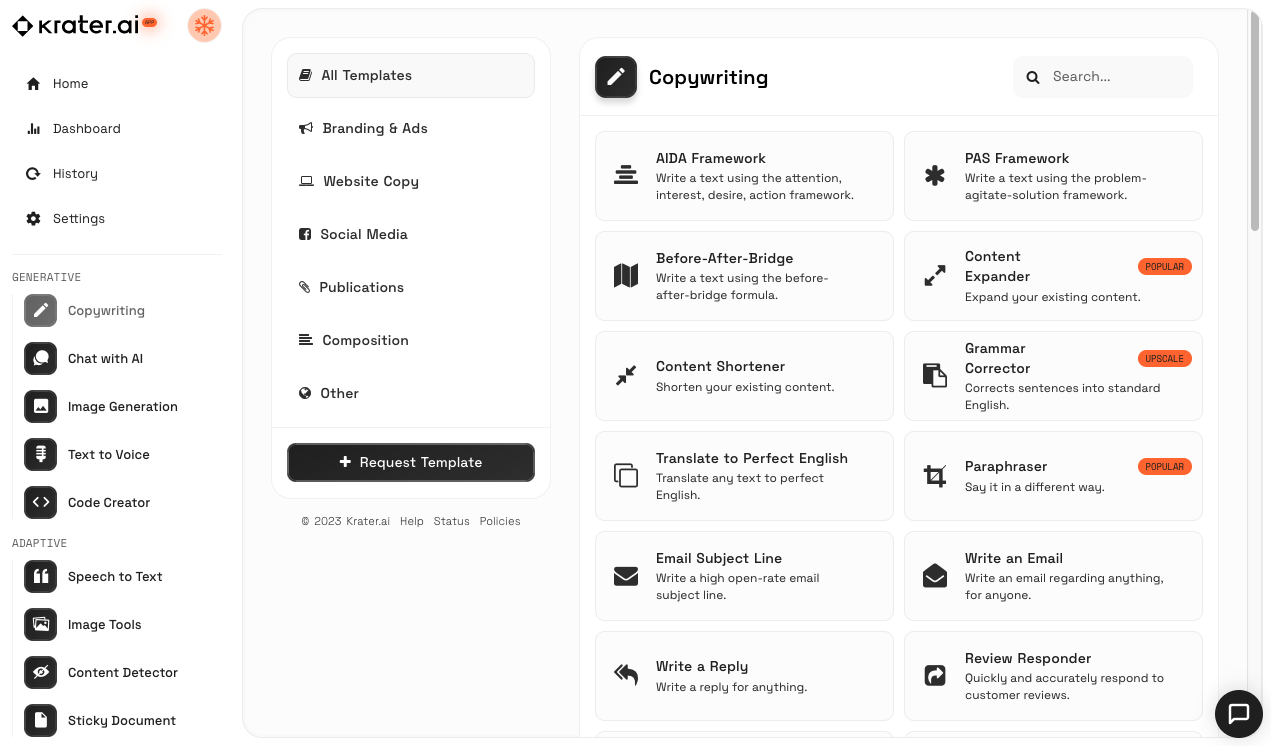 The various options to copywrite with Krater.ai