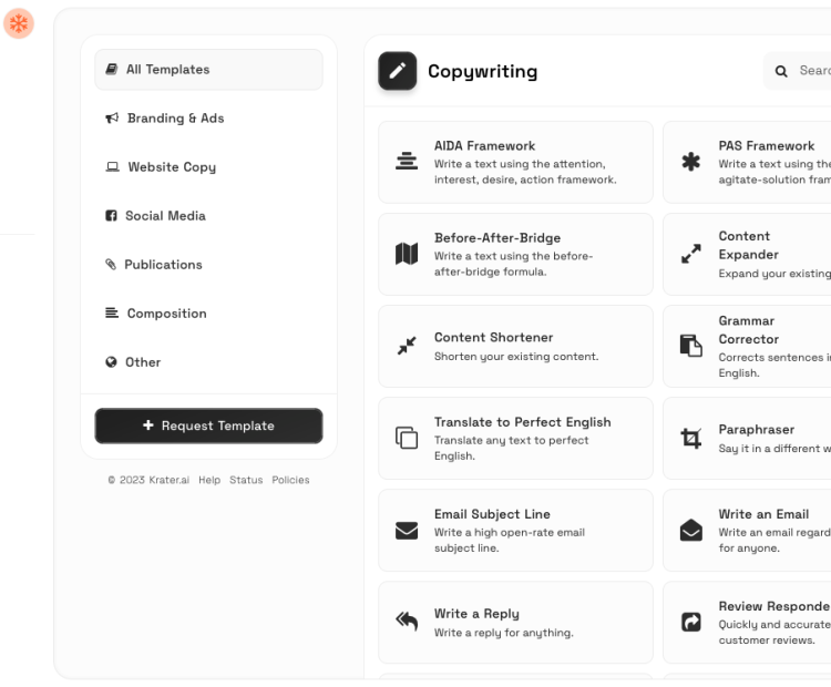 The various options to copywrite with Krater.ai